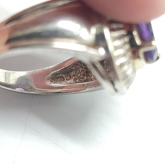 Sterling Silver Ring With Round Amethyst Gemstone Textured Size 9 Vintage - Picture 6 of 8